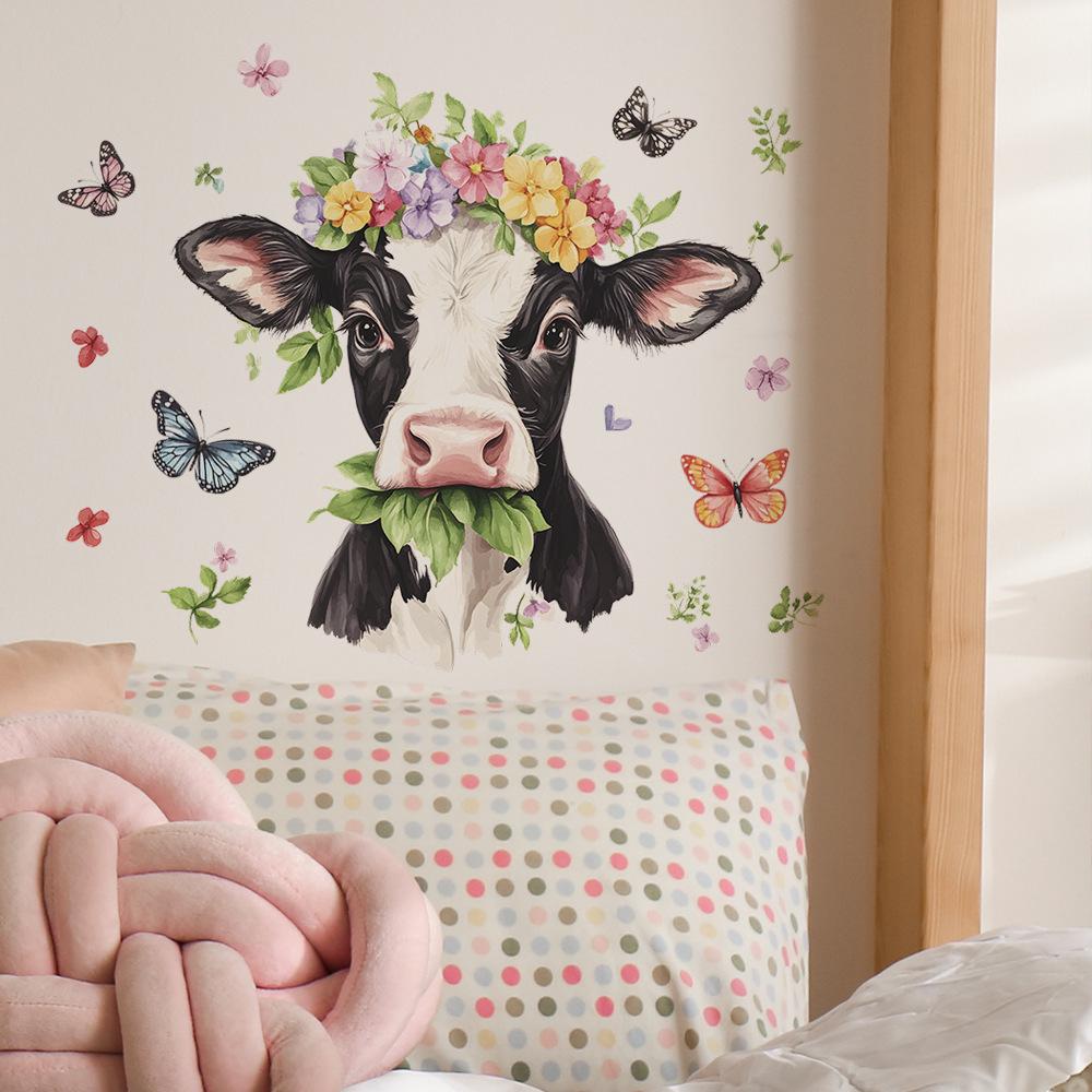 Cartoon Cows Flowers Butterflies Bedroom Living Room Entrance Hall Home Background Beautification Wall Stickers