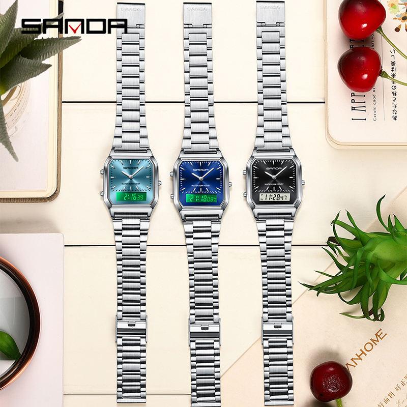 SANDA 747 Quartz Digital 5bar Waterproof Casual Fashion Unisex Watch Stainless Steel Strap Square Dial Men's Electronic Watches