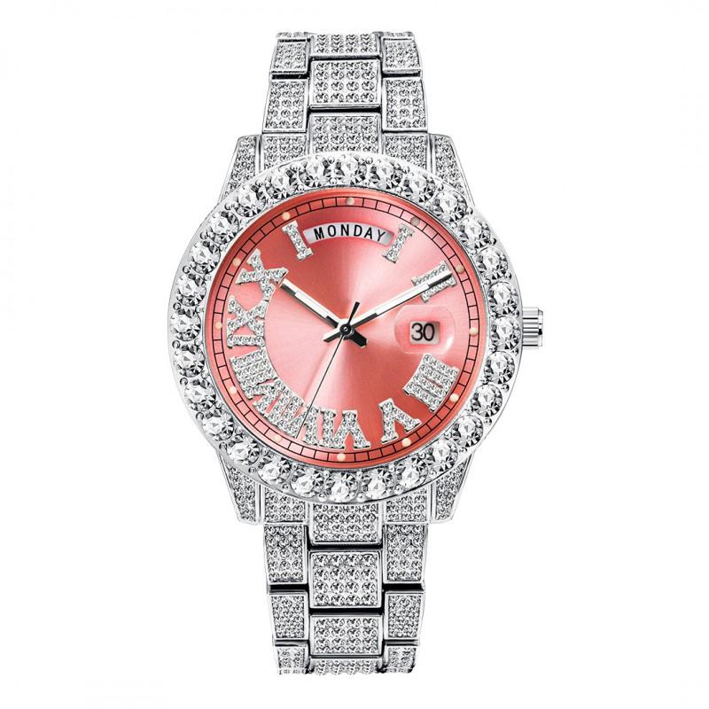 Mens Fashion Quartz Wrist Watch Dual Calendar Pink Dial Rhinestone Accents Luminous 30M Waterproof Stainless Steel Band