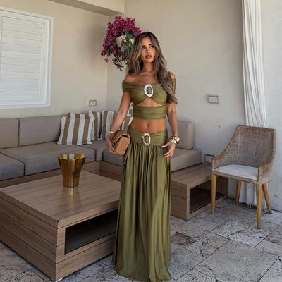 Foreign Trade Summer New Solid Color Sleeveless Backless Metal Buckle One-word Shoulder Top Skirt Suit Women