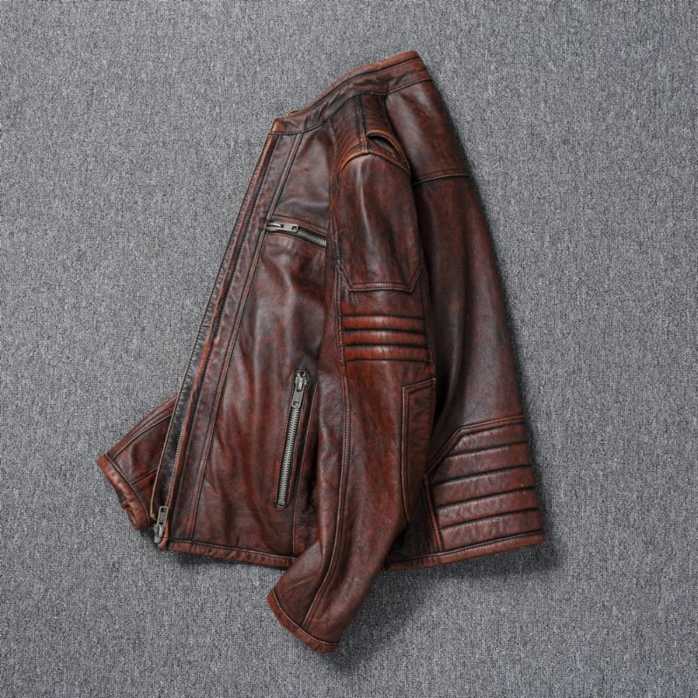 Chinesische Größe Echte Kuhlederjacke Herren Motorradjacken Echtes Rindsleder Vintage Herren Ledermantel Bikerkleidung