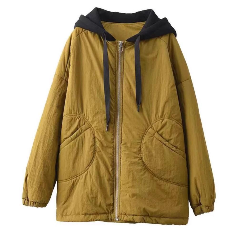 Johnature Women Vintage Winter Hooded Zipper Solid Color Coats Long Sleeve Pockets Female Casual Coats