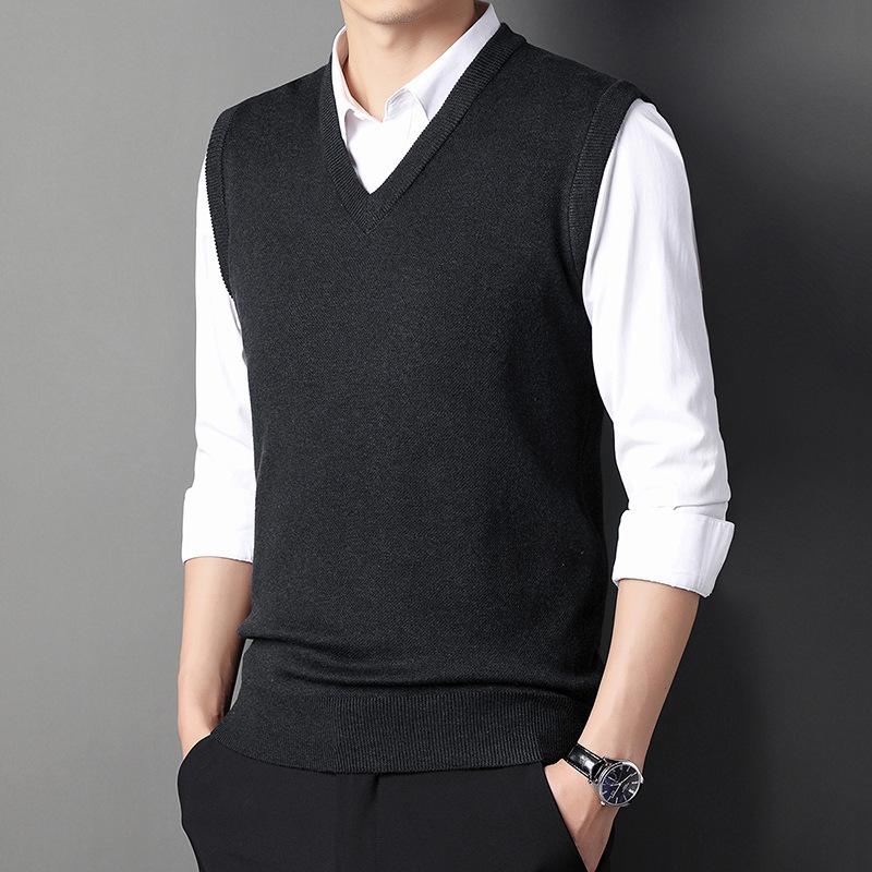 Men's V-neck Vest with Thick Vest In Autumn and Winter Men's Vest Sweater In Middle-aged Business.