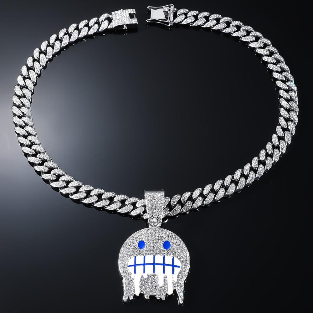 Men Hip Hop White Blue Round Face Pendants NecklacesWith 13mm Cuban Chain Iced Out Rhinestone Bling CZ Fashion Boy Jewelry Gifts