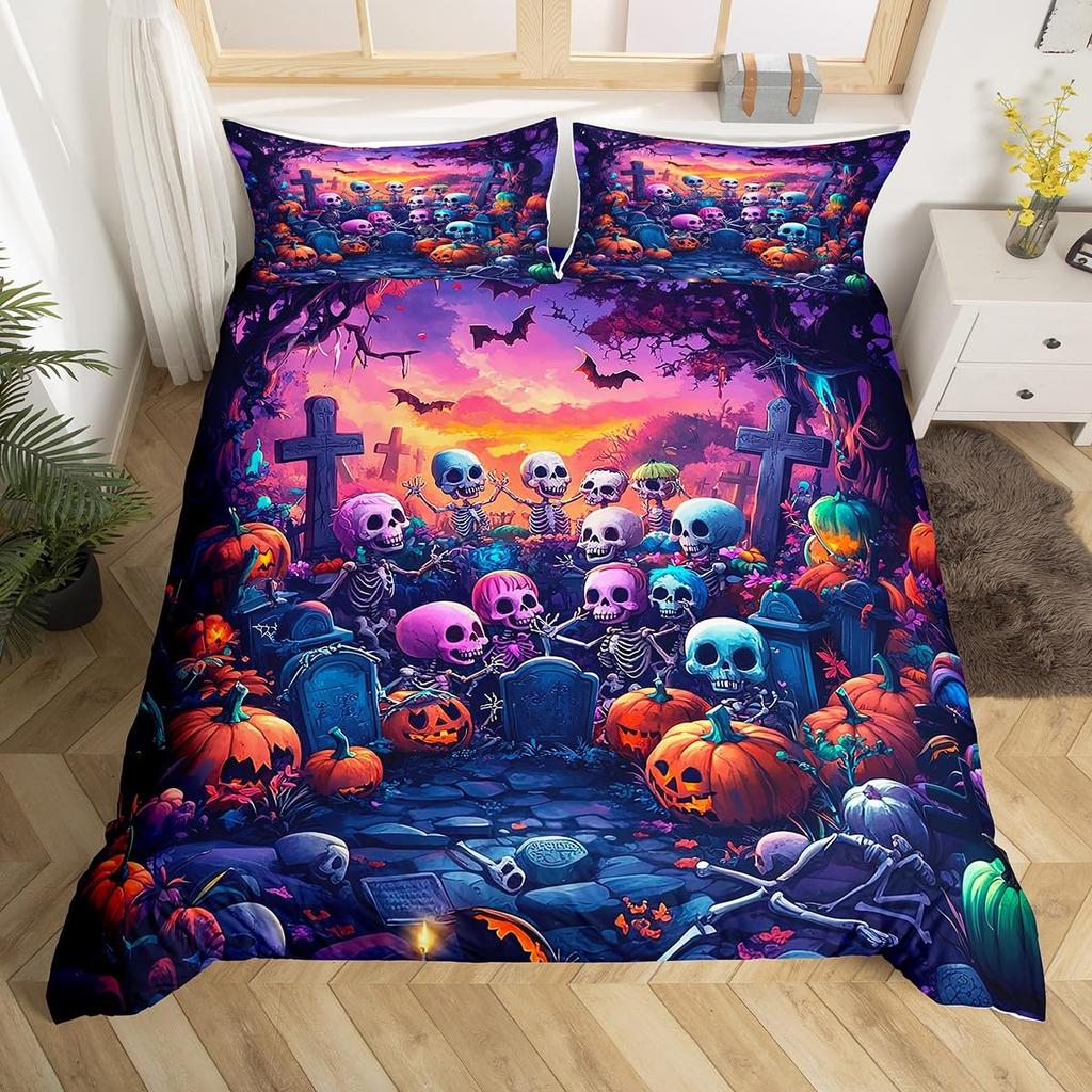 Halloween Twin Duvet Cover Spooky Ghost Pumpkin Bat Bedding Set Horror Castle Funny Halloween Comforter Cover for Kids Adults
