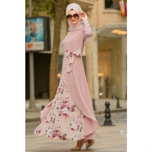 Muslimisches Kleid für Damen, O-Ausschnitt, volle Ärmel, lässig, Herbst, Blumenbogen, Abaya, islamische Dame, elegante Maxikleider