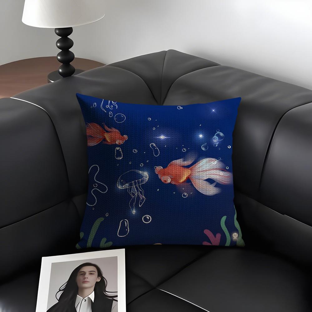 Goldfish Cute Cushion Cover Natural Linen Organic Fabric Double-Sided Printing Sofa Home Decor Gift Pillow Case