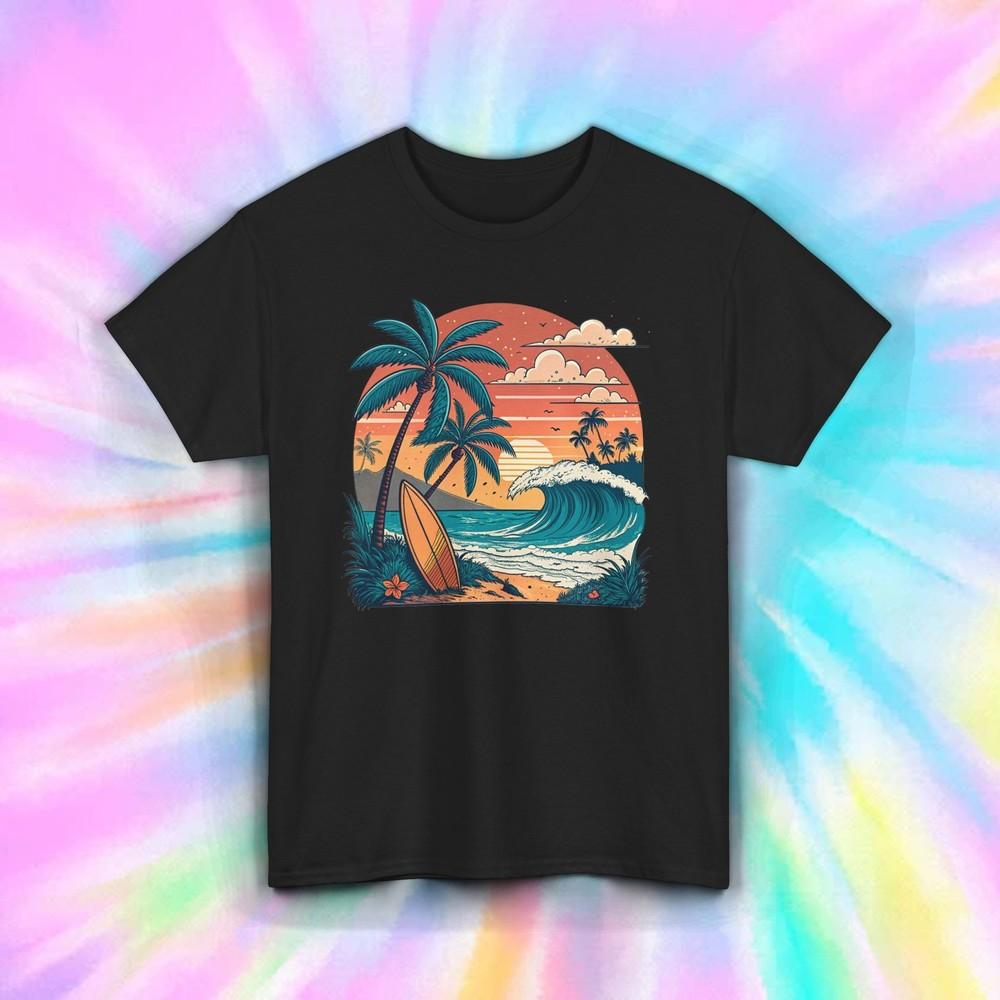 

Retro Beach Surf Shirt Ocean Wave Palm Tree Sunset Summer Vibes Tee S-5XL M
