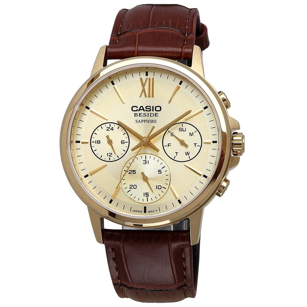 Casio BESIDE Quartz Men's Watch BMS-300GL-5AV Sapphire Glass Brown Leather Band Multi-Axis 24-Hour Display Gold