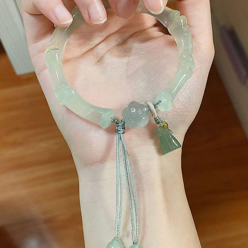 Chinese Antique Style Imitation Jade Lotus Bangle Chinese Style Tassel High-End Bamboo Bracelet Collection Jewelry Gift Femme