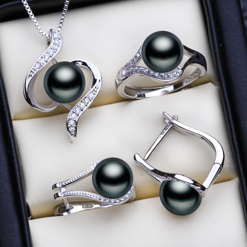

LSOOYH ожерелье из натурального пресноводного жемчуга с цветочной подвеской, модные серьги-гвоздики, кольца для женщин, наборы ювелирных украшений с жемчугом чёрный