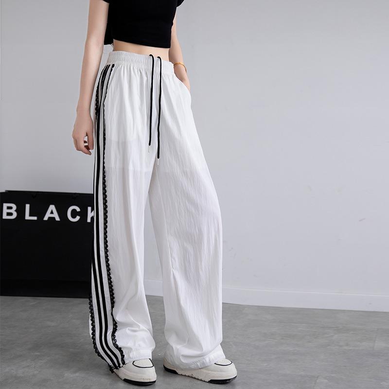 Lace striped sweatpants women's autumn new loose wide-leg straight casual quick-drying black wide-leg pants