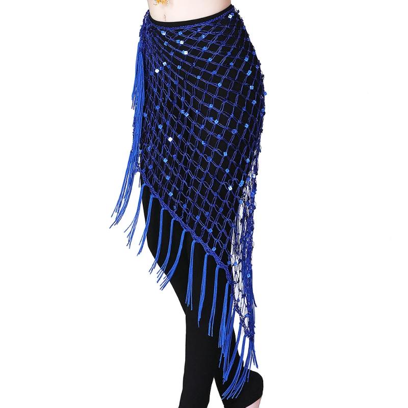 BellyDance Accessories for Women Long Tassel Belt Elastic Triangle of Hand Crochet Belly Dancing Hip Scarf Sequins Girls Belt