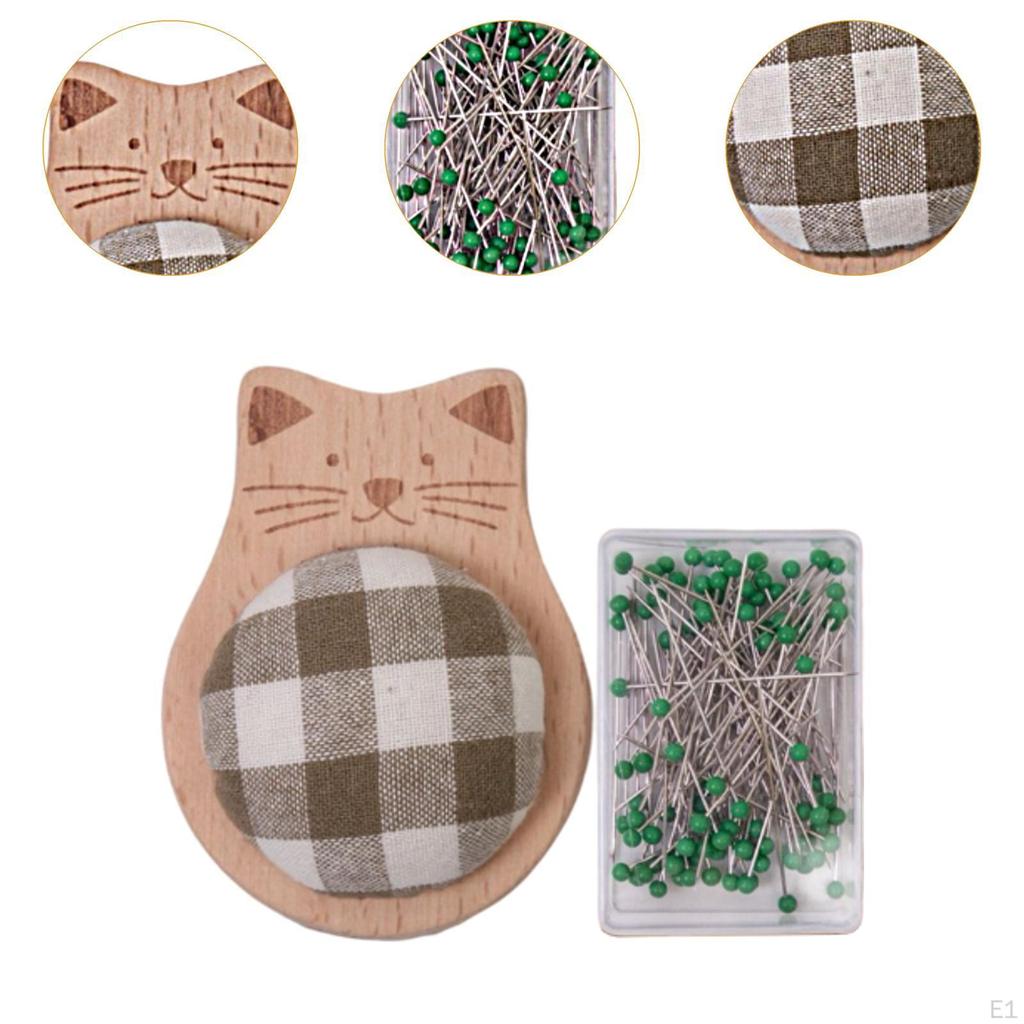Cute Pin Cushion with Pins Ball Head Sewing Set DIY Craft Accessories Small Wooden Base