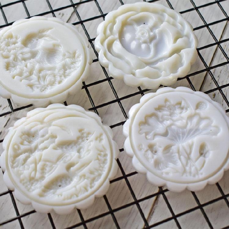 Chinese Traditional Mid-Autumn Mooncake Mold Set 4Pcs Different Round  Flower Patterns for Mooncake Biscuit Stamping