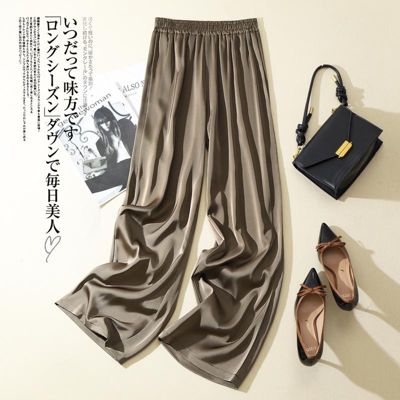 Pantaloni Larghi in Seta di Ghiaccio Donna Estate Vita Elastica Pantaloni Dritti in Raso Monocolore Casual Larghi Pantaloni da Donna in Acetato