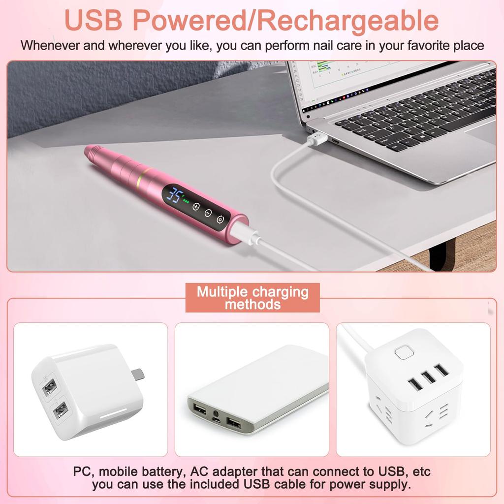 NAILGIRLS Cordless Electric Nail Drill Machine 11 in 1 Kit, Portable Rechargeable Nail File Set for Acrylic Gel Dip Powder Nails, 35 Speeds Manicure