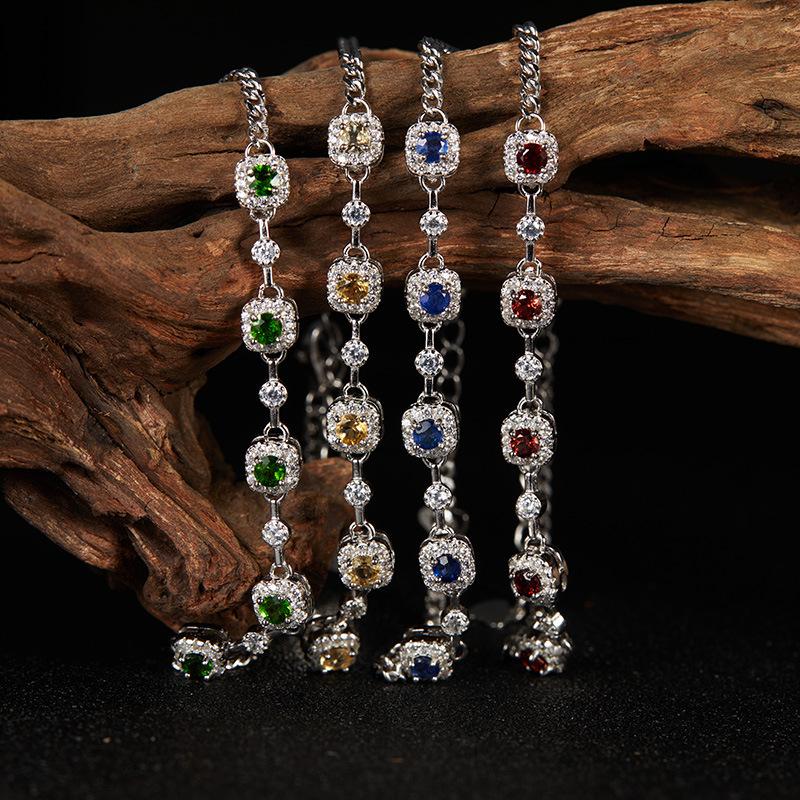 Xiaohongshu Color Treasure Jewelry S925 Sterling Silver Inlaid With Natural Garnet Diopside Sapphire Bracelet Women