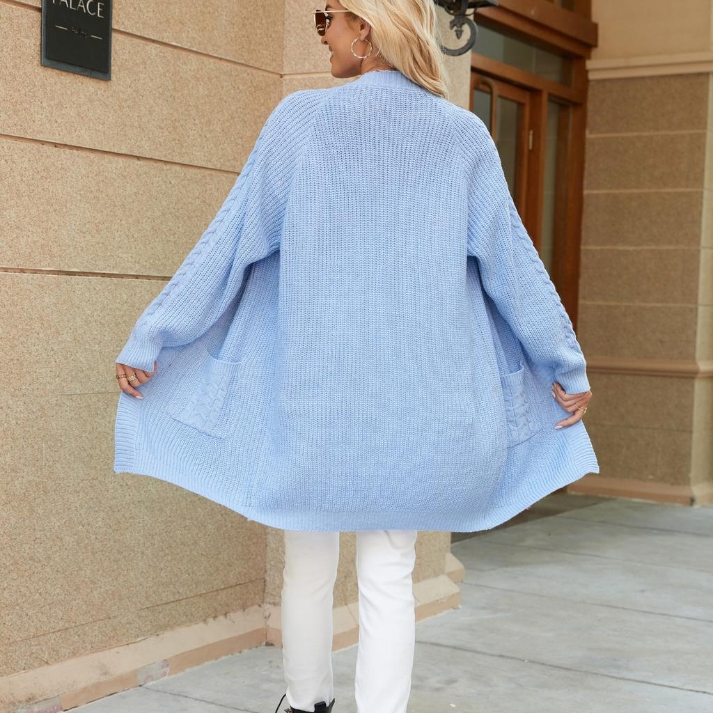 GMXIA Long Knit Cardigan Women's Autumn and Winter Knit Loose Patchwork Pocket V-neck Sweater Coat