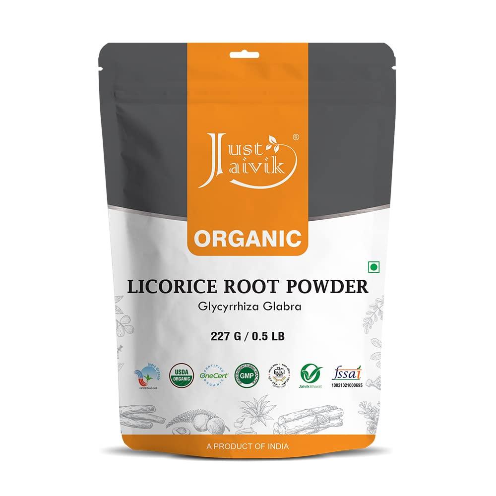 Органический корень солодки Just Jaivik/Мулети/Атимадхурам Поди/Порошок Атимадхура Хитту 227 г - Органическая сертифицированная трава Министерства сельского хозяйства США