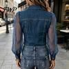 Mesh Patchwork Denim Blouse Women Shirt Perspective Cold Shoulder Long Sleeve Country Music Festival Top Tops Lapel Buttons Placket Concert