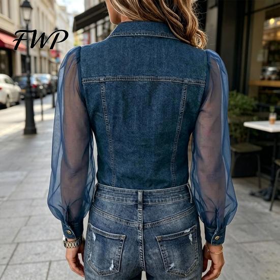 Mesh Patchwork Denim Blouse Women Shirt Perspective Cold Shoulder Long Sleeve Country Music Festival Top Tops Lapel Buttons Placket Concert