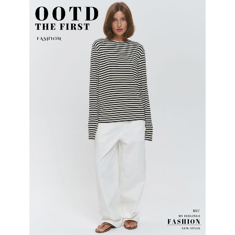 New Striped Long-sleeve 2026 Commuter Slim-fit Round-neck Base Shirt for Women, Casual T-shirt