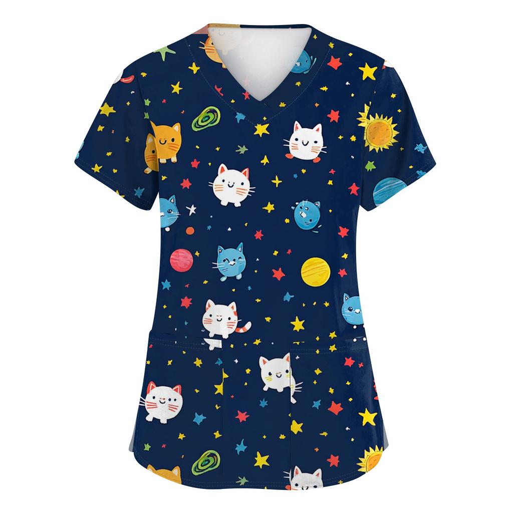 Women's Fashion Short Sleeve Cute Animal Printed V-Neck Pocket Workwear Tops