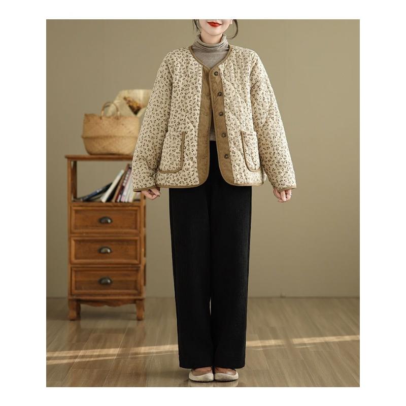 Retro Coat for Women with Floral ThinWarm Cotton Coat Loose Fat Mm Contrast Jacket for Women