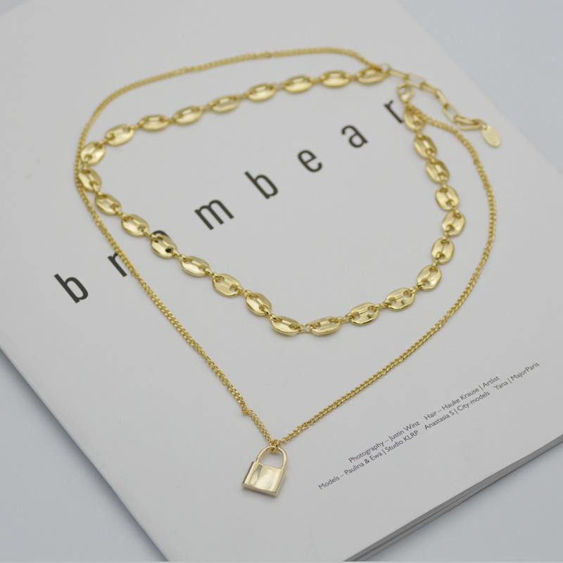 Pig Nose Collarbone Multi-Layer Necklace Handmade Chain Plated Real Gold Metal Stacked Pendant Lock