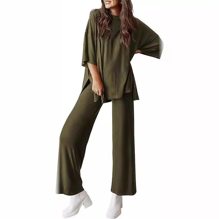 

Women s Olive Green Casual Loose Fit Short Sleeve Top and Wide Leg Pants Set S армія зелений колір