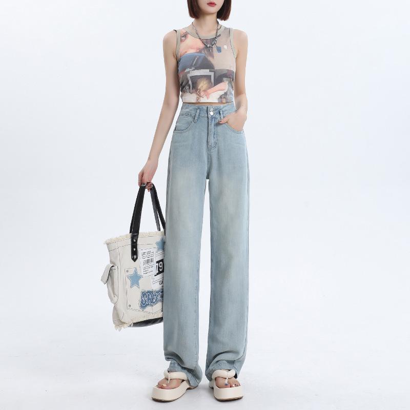 Women's High Waist Tencel Wide Leg Jeans - Summer Thin, Drapey, Slimming, Petite Floor-Length Pants