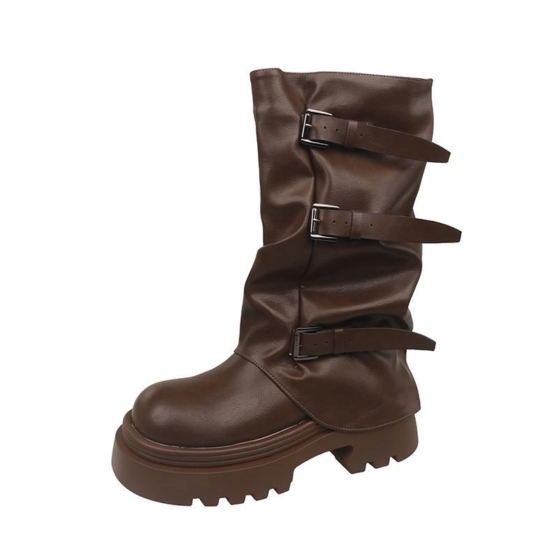 Fashion Designer Thick Heel Women Western Cowboy Boots Fashion Ladies Belt Buckle Knight Booties botas de inverno feminina