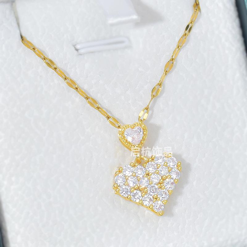 

Full Diamond Love Necklace Women S Simple And Versatile Temperament Zircon Heart-Shaped Pendant Of The Same Style
