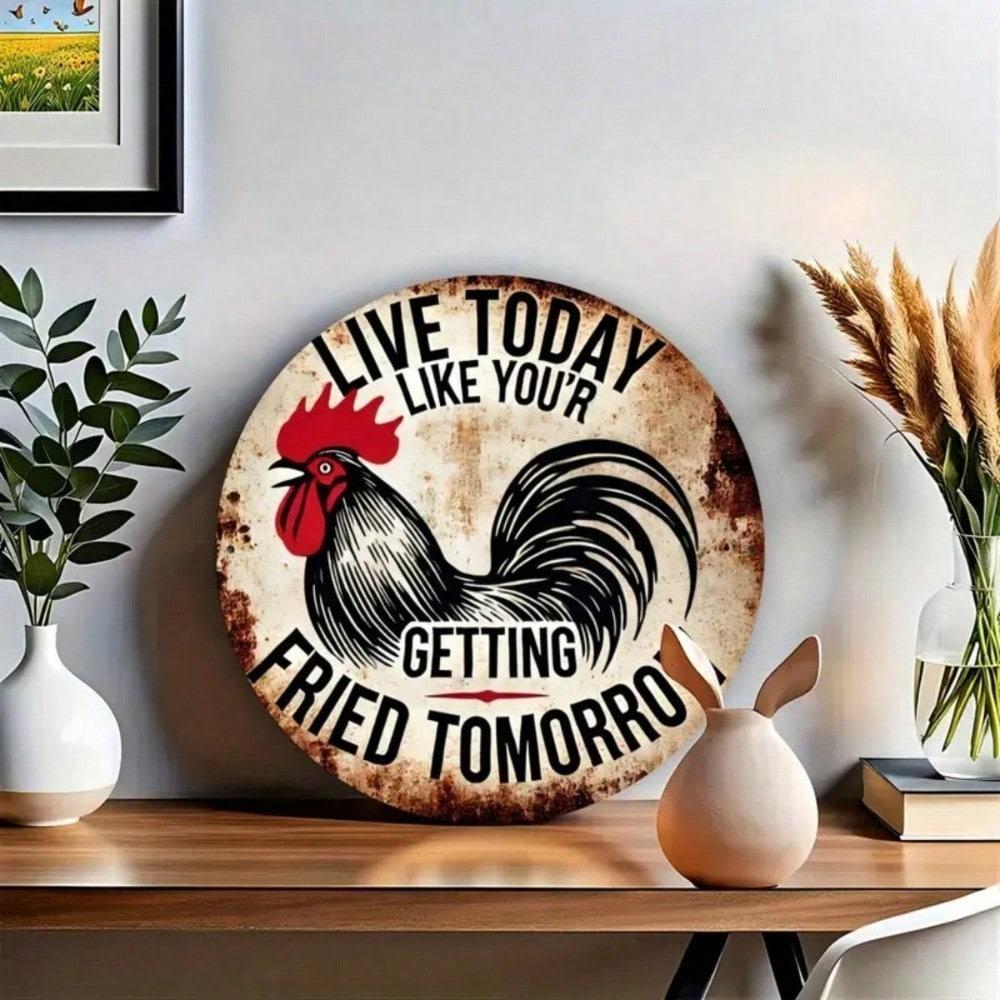 8-Inch Round Metal Sign, Live Today Like You're Going To Be Bombed Tomorrow, Rooster Design Wall Decor for Homes, Cafes, Bars