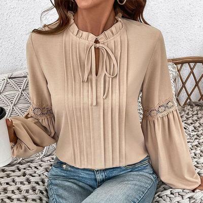 Women's Fashion Casual Spring Autumn Solid Color Print Long Sleeve V-Neck Blouses  Shirts