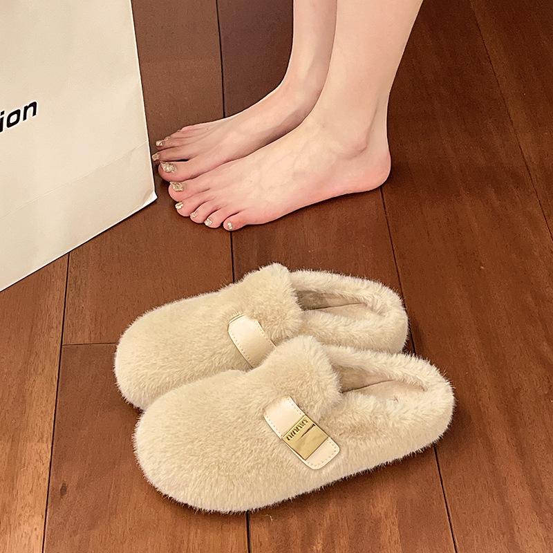 Premium Bag Head Fluffy Slippers Women's Outer Wear 2025 Autumn and Winter New Lazy One-pedal Flat-bottomed Velvet Cotton Slippers