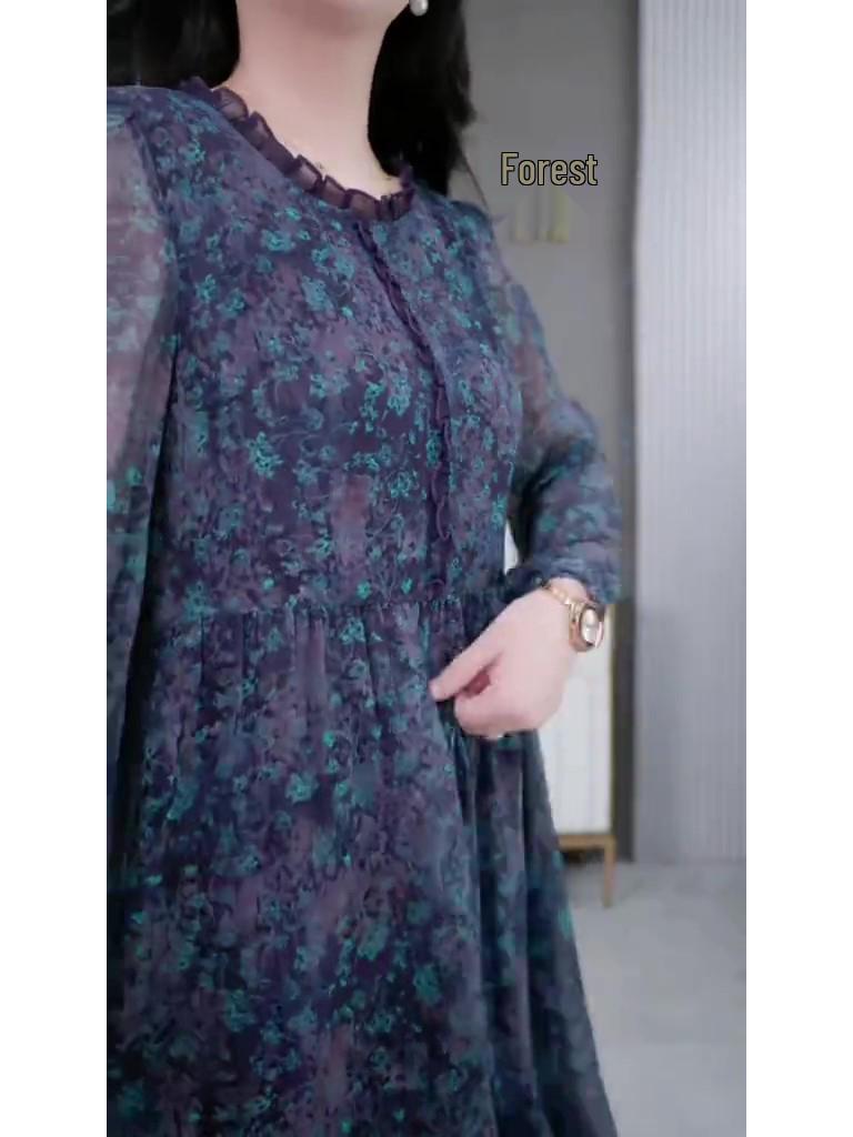 Spring Floral Long Sleeve Chiffon Dress for Middle-Aged Mothers