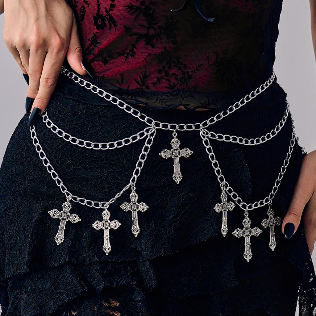 Salircon Gothic Metall Kreuz Anhänger Mehrschichtige Taillen Gürtel Ketten Damen Punk Sexy Kleid Rock Dekoration Schmuck Halloween Geschenke