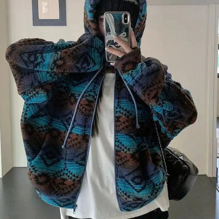 Women s Autumn Winter Loose Casual Double Sided Plush Warm Color Block Plaid Cardigan Hooded Sweatshirt Outerwear S