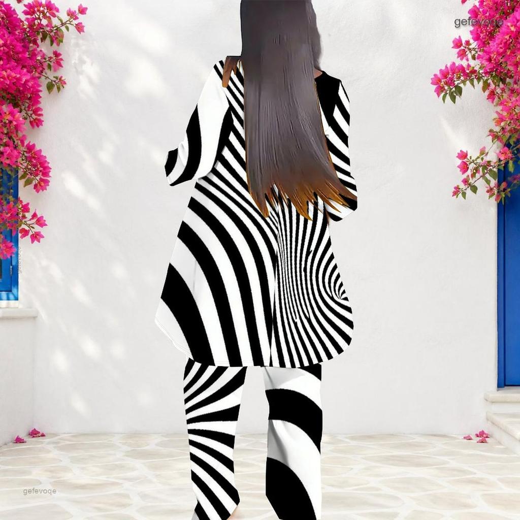 Women Plus Size Two Piece Set Round Neck Long Sleeve Black White Striped Printed Layered Top And Long Pants