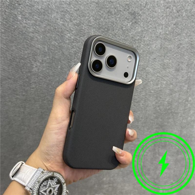 

PU Leather For Magsafe Tech Woven Texture Case For IPhone 17 Pro Max 16 15 Solid Color Wireless Charging Metal Lens Frame Cover iPhone 15 Pro серый