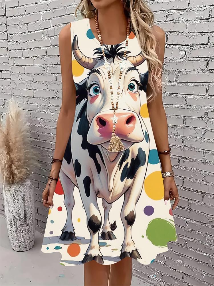 Lässiges Damen Tanktop-Kleid Sommer Ärmellos O-Ausschnitt 3D-Druck Locker A-Linien-Kleid Strand-Westenkleid