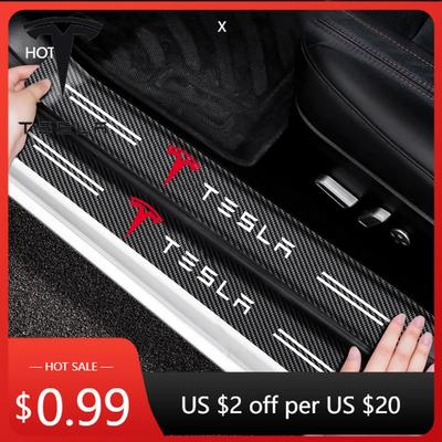 Car Sticker 4Pcs/set Carbon Fiber Car Door Sill Threshold Protector Logo Stickers For Tesla Model 3 Model Model X Y Roadst
