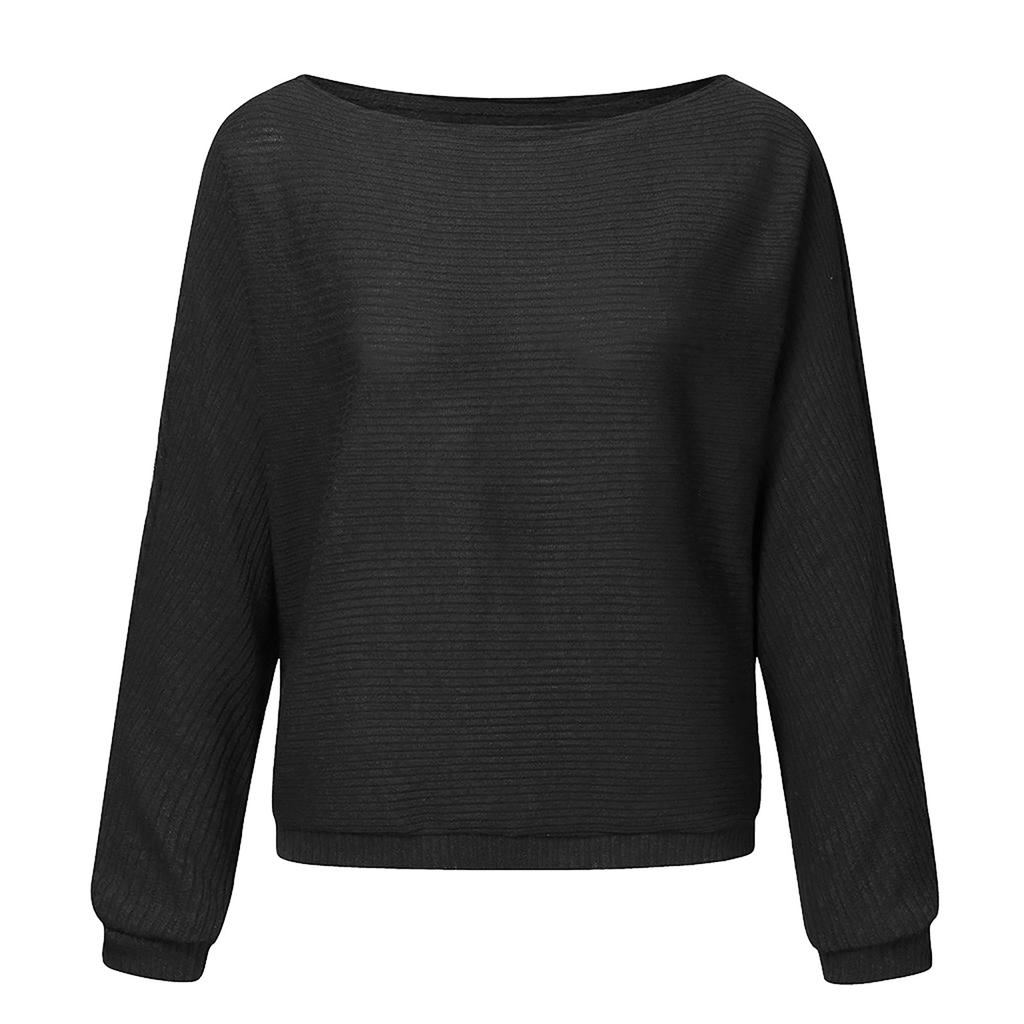 Women's Casual Loose Fit Solid Color Off Shoulder Batwing Long Sleeve Knit Pullover Sweater Lightweight Comfortable