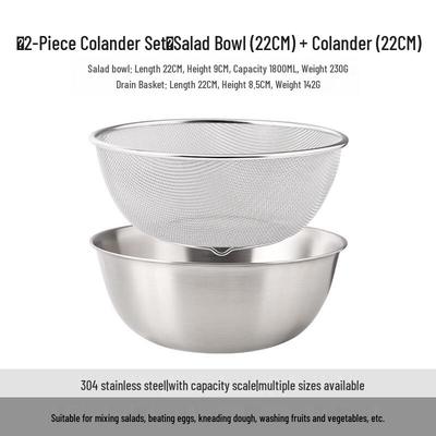 304 Stainless Steel 22cm Salad Bowl & Drain Basket Set