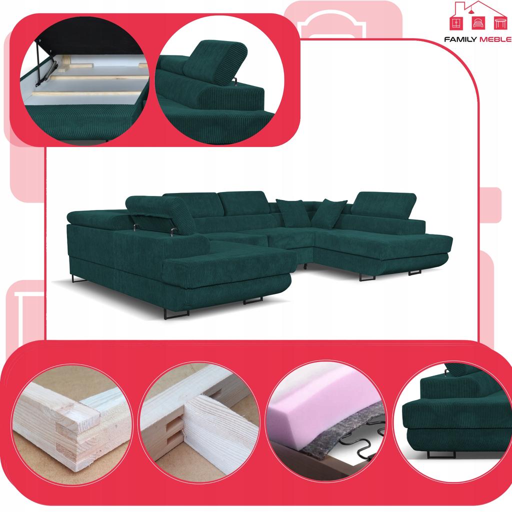 U-shaped Corner Sofa Bed, Extendable F. Savio Family Sleeping Furniture C Green Corduroy