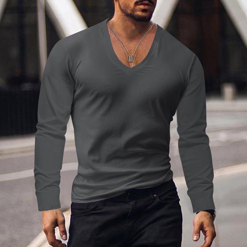 Men's Summer Long Sleeve Top Sun Protection Base Shirt Men's Large V-neck Solid Color Large Size Casual T-shirt Men
