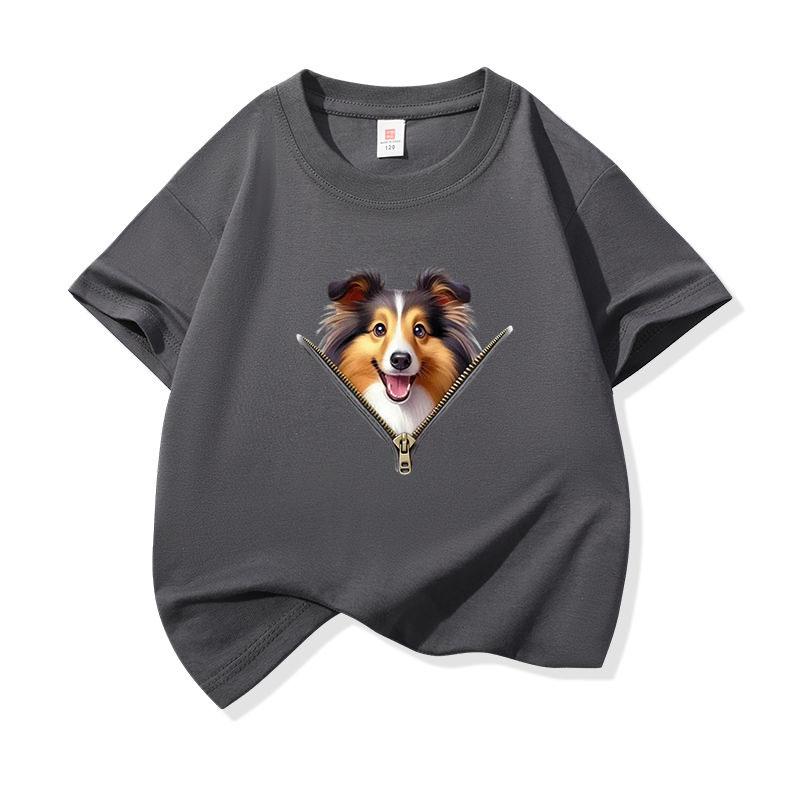 Kids Cotton T Shirt Lovely Sheepdog Zipper Print Crew Neck Short Sleeve Tee Casual Breathable Boys Girls Summer Tops
