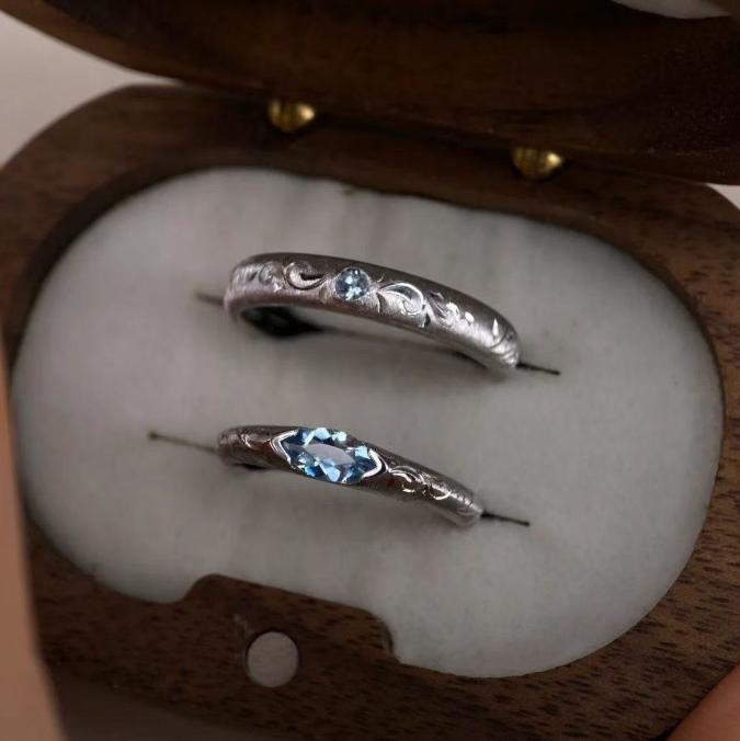 

Summer of Sea Salt Solid Shell Carved Moissanite Blue Diamond Copper Ring Couple Rings Adjustable Open Design Fashion Zircon resizable
